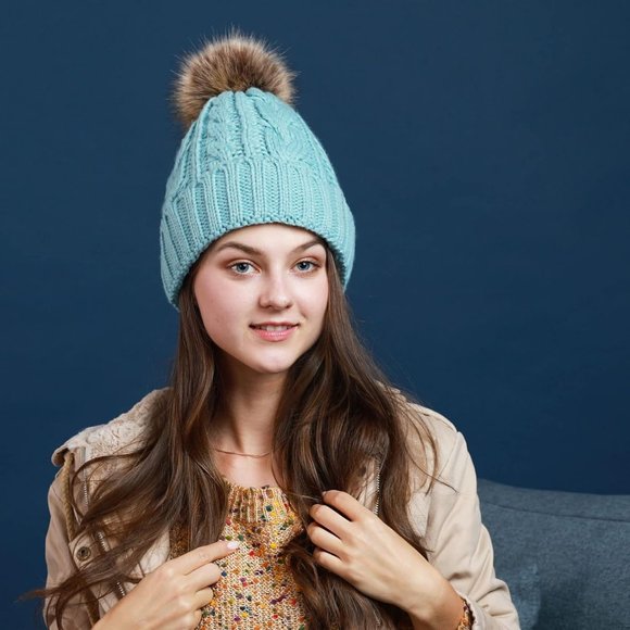 Womens Winter Warm Fleece Lined Knitted Soft Ski Cuff Beanie Hat with Pom Pom - Picture 6 of 7